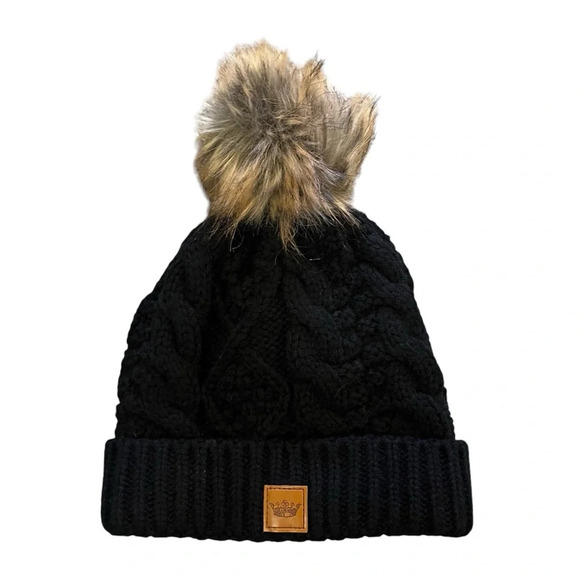 Panache Fleece lined Black Knit Beanie Winter Cable Hat with Pom - OS- NWOT - Picture 1 of 4